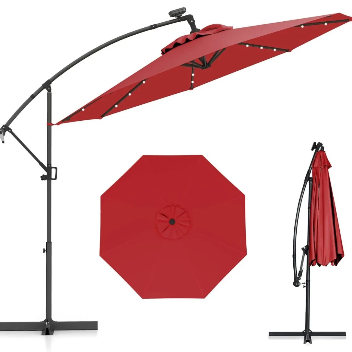 300 cm Sonnenschirm mit 32 Solar-LED-Leuchten & Kurbel Gartenschirm Marktschirm