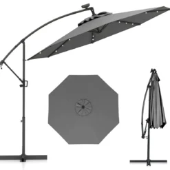 300 cm Sonnenschirm mit 32 Solar-LED-Leuchten & Kurbel Gartenschirm Marktschirm