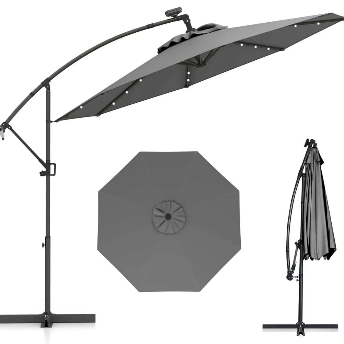 300 cm Sonnenschirm mit 32 Solar-LED-Leuchten & Kurbel Gartenschirm Marktschirm