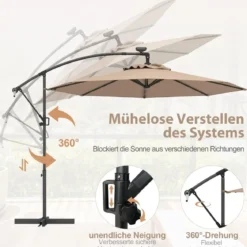 300 cm Sonnenschirm mit 32 Solar-LED-Leuchten & Kurbel Gartenschirm Marktschirm