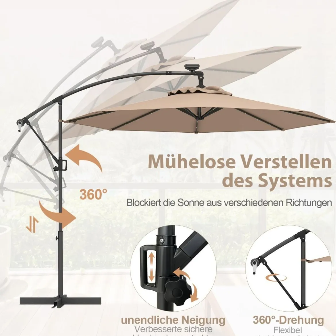 300 cm Sonnenschirm mit 32 Solar-LED-Leuchten & Kurbel Gartenschirm Marktschirm
