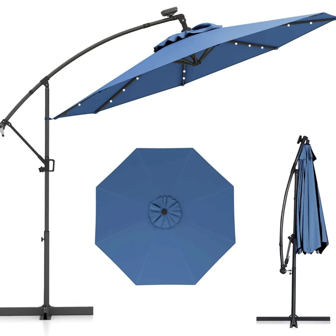 300 cm Sonnenschirm mit 32 Solar-LED-Leuchten & Kurbel Gartenschirm Marktschirm