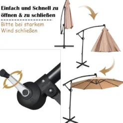300 cm Sonnenschirm mit 32 Solar-LED-Leuchten & Kurbel Gartenschirm Marktschirm