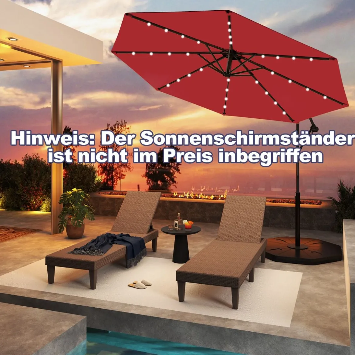300 cm Sonnenschirm mit 32 Solar-LED-Leuchten & Kurbel Gartenschirm Marktschirm