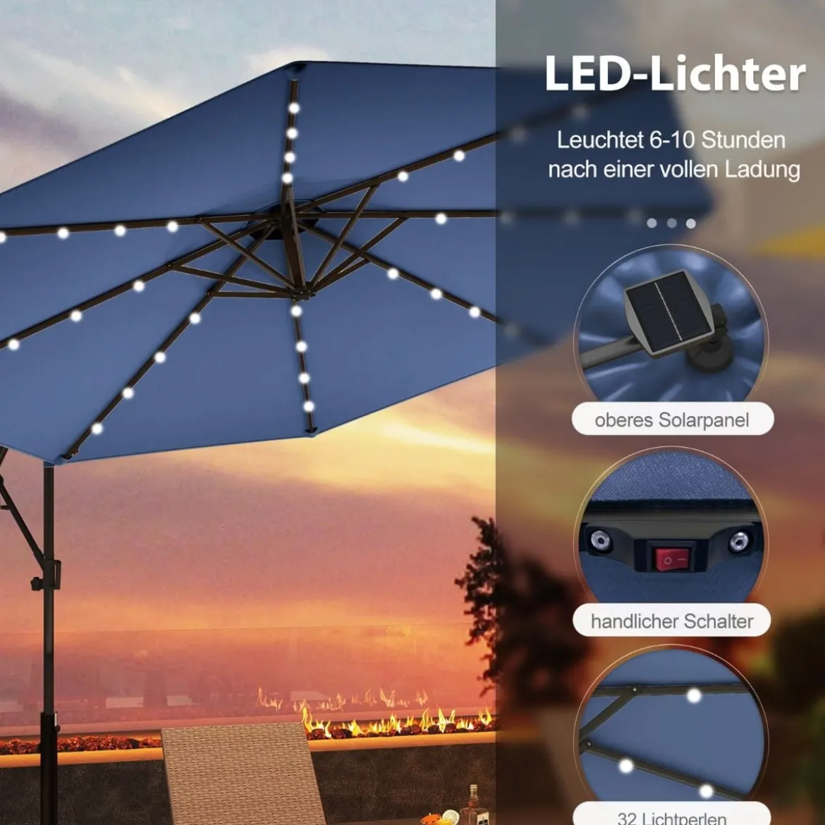 300 cm Sonnenschirm mit 32 Solar-LED-Leuchten & Kurbel Gartenschirm Marktschirm