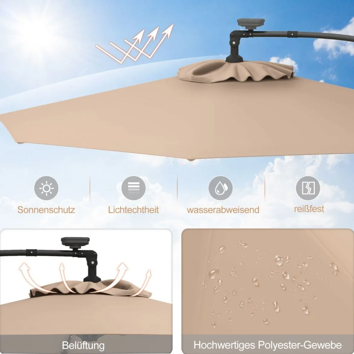 300 cm Sonnenschirm mit 32 Solar-LED-Leuchten & Kurbel Gartenschirm Marktschirm