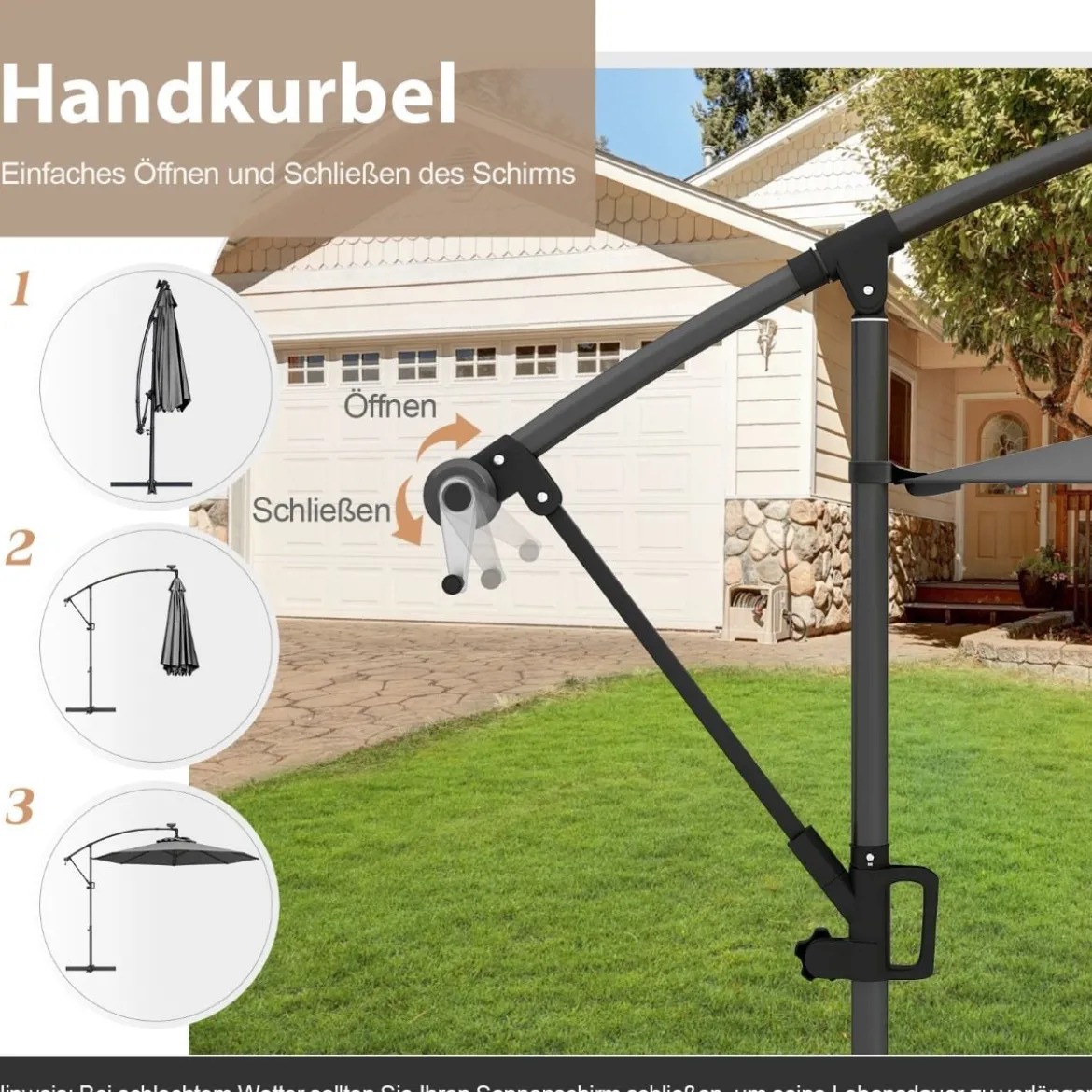 300 cm Sonnenschirm mit 32 Solar-LED-Leuchten & Kurbel Gartenschirm Marktschirm