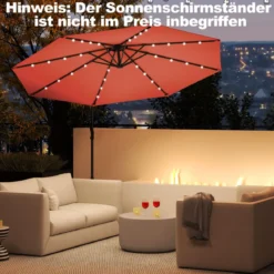 300 cm Sonnenschirm mit 32 Solar-LED-Leuchten & Kurbel Gartenschirm Marktschirm