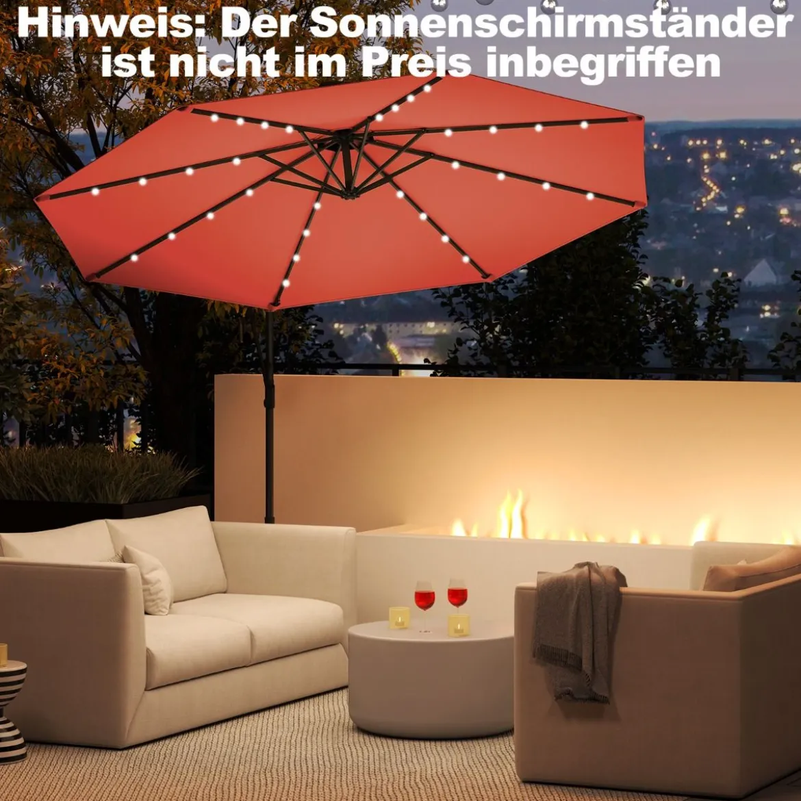 300 cm Sonnenschirm mit 32 Solar-LED-Leuchten & Kurbel Gartenschirm Marktschirm