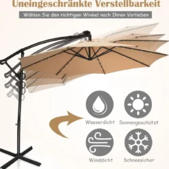 300 cm Sonnenschirm mit 32 Solar-LED-Leuchten & Kurbel Gartenschirm Marktschirm