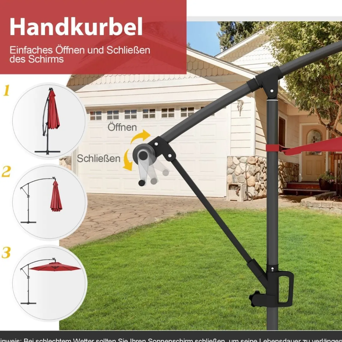 300 cm Sonnenschirm mit 32 Solar-LED-Leuchten & Kurbel Gartenschirm Marktschirm