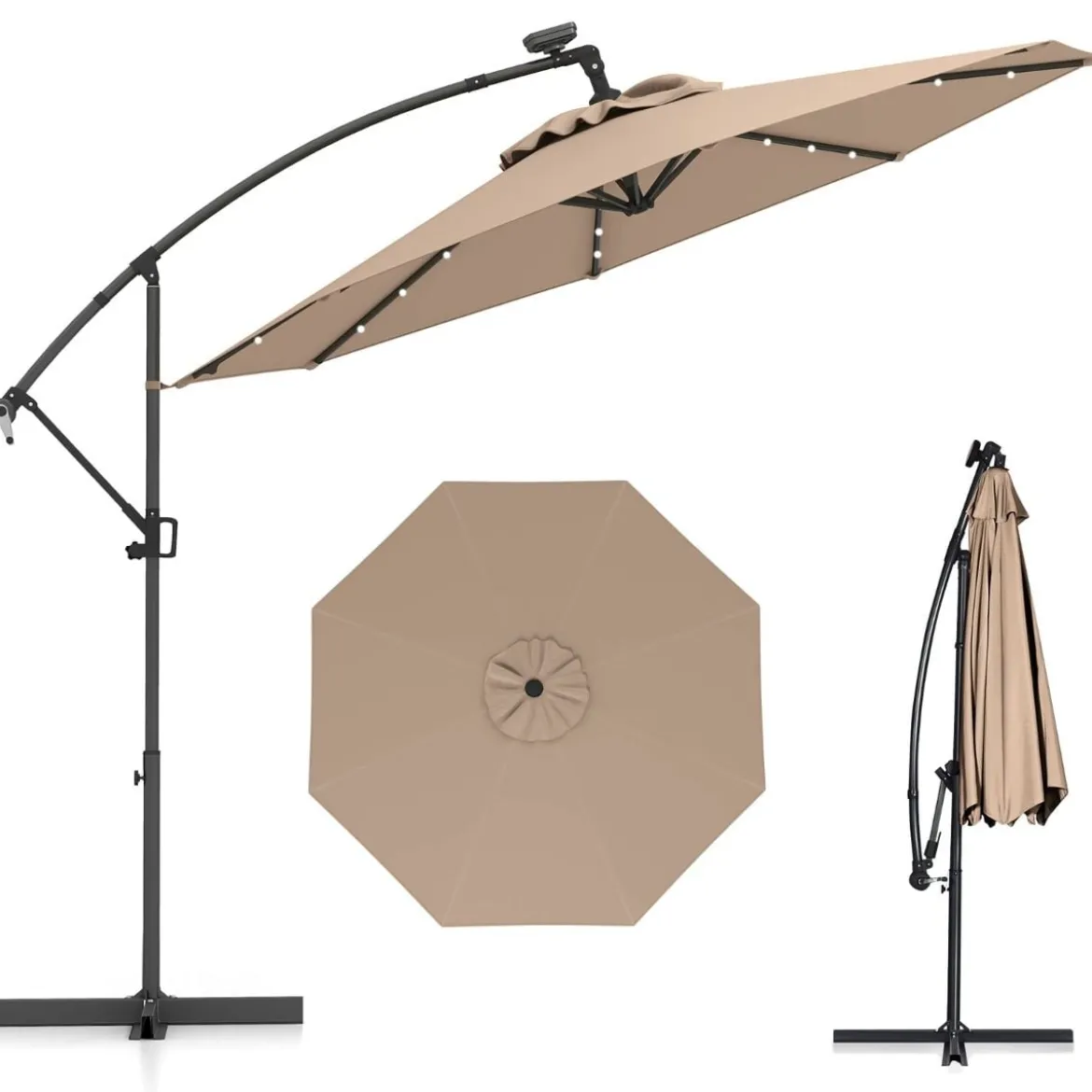 300 cm Sonnenschirm mit 32 Solar-LED-Leuchten & Kurbel Gartenschirm Marktschirm