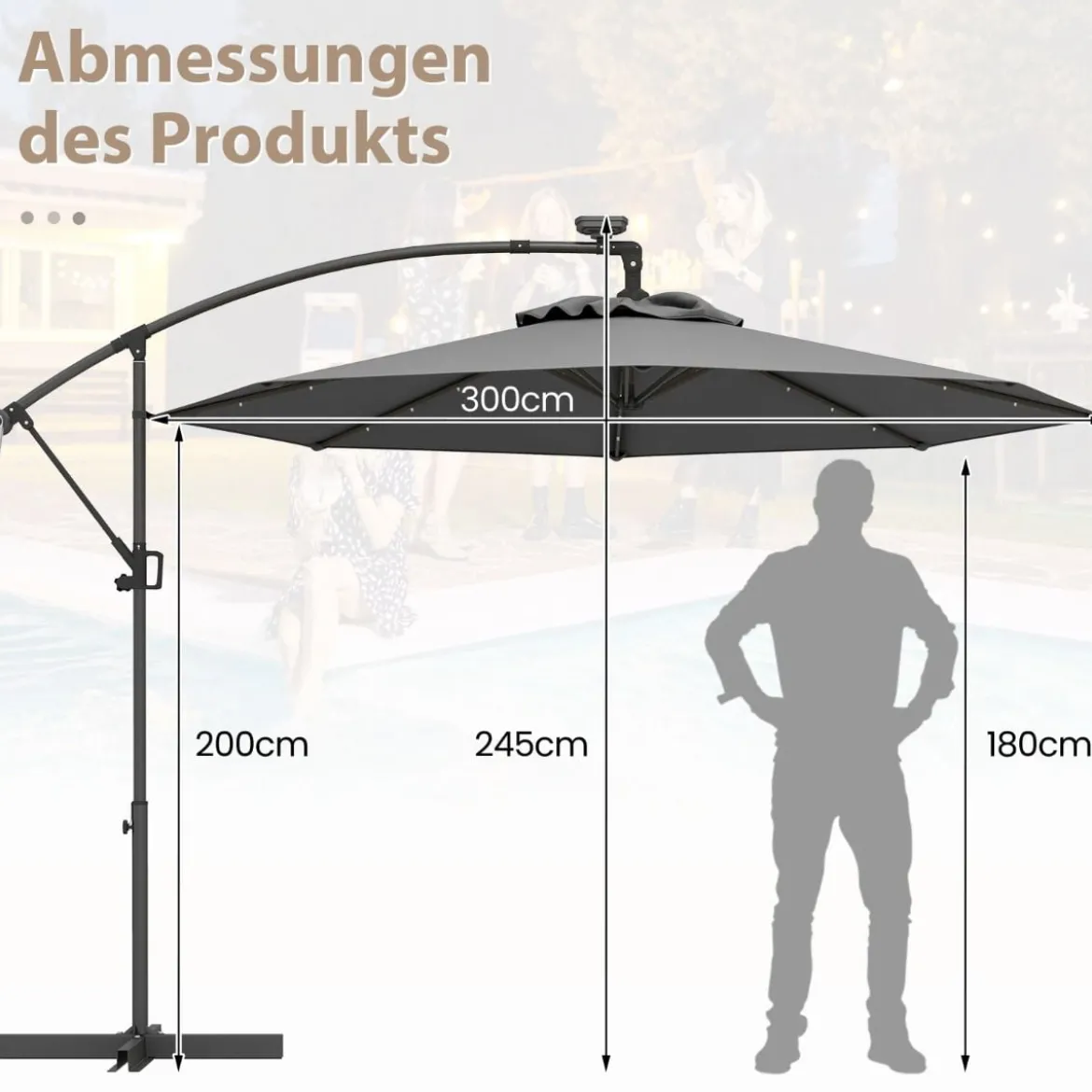 300 cm Sonnenschirm mit 32 Solar-LED-Leuchten & Kurbel Gartenschirm Marktschirm