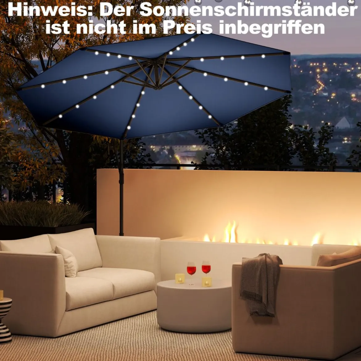 300 cm Sonnenschirm mit 32 Solar-LED-Leuchten & Kurbel Gartenschirm Marktschirm