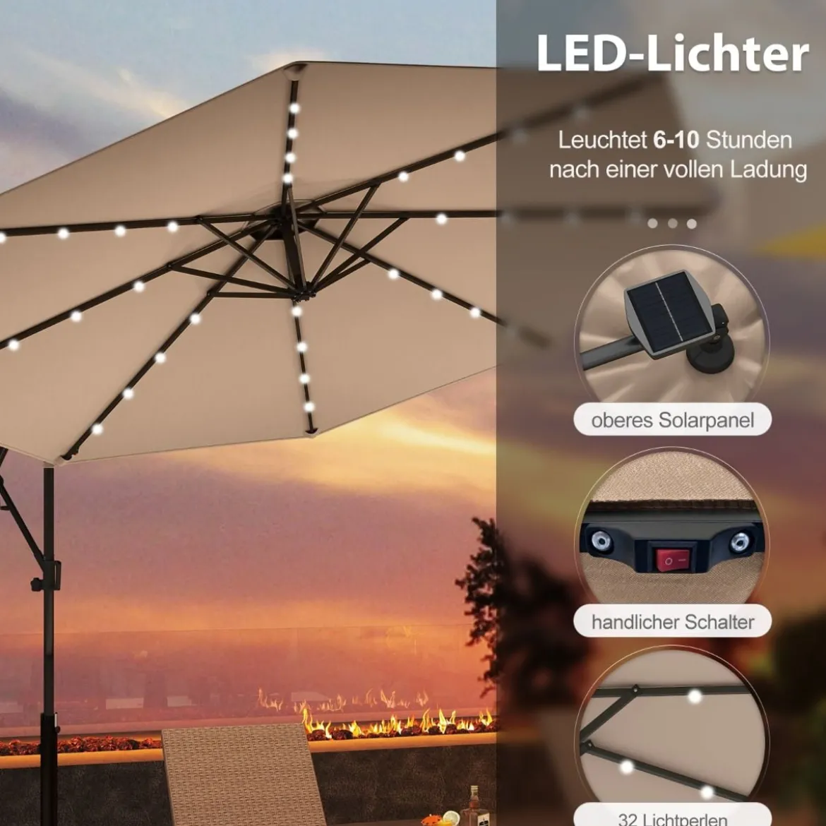 300 cm Sonnenschirm mit 32 Solar-LED-Leuchten & Kurbel Gartenschirm Marktschirm