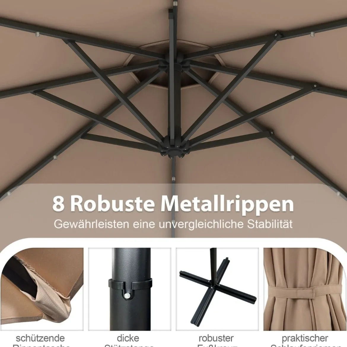 300 cm Sonnenschirm mit 32 Solar-LED-Leuchten & Kurbel Gartenschirm Marktschirm