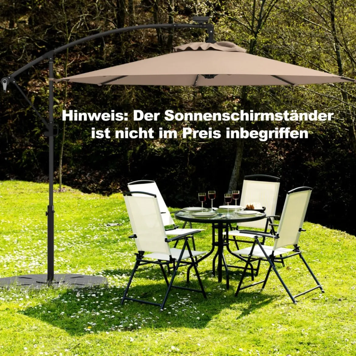 300 cm Sonnenschirm mit 32 Solar-LED-Leuchten & Kurbel Gartenschirm Marktschirm