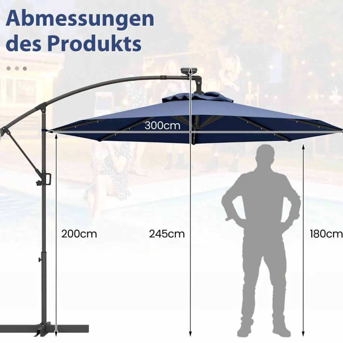 300 cm Sonnenschirm mit 32 Solar-LED-Leuchten & Kurbel Gartenschirm Marktschirm