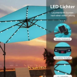 300 cm Sonnenschirm mit 32 Solar-LED-Leuchten & Kurbel Gartenschirm Marktschirm