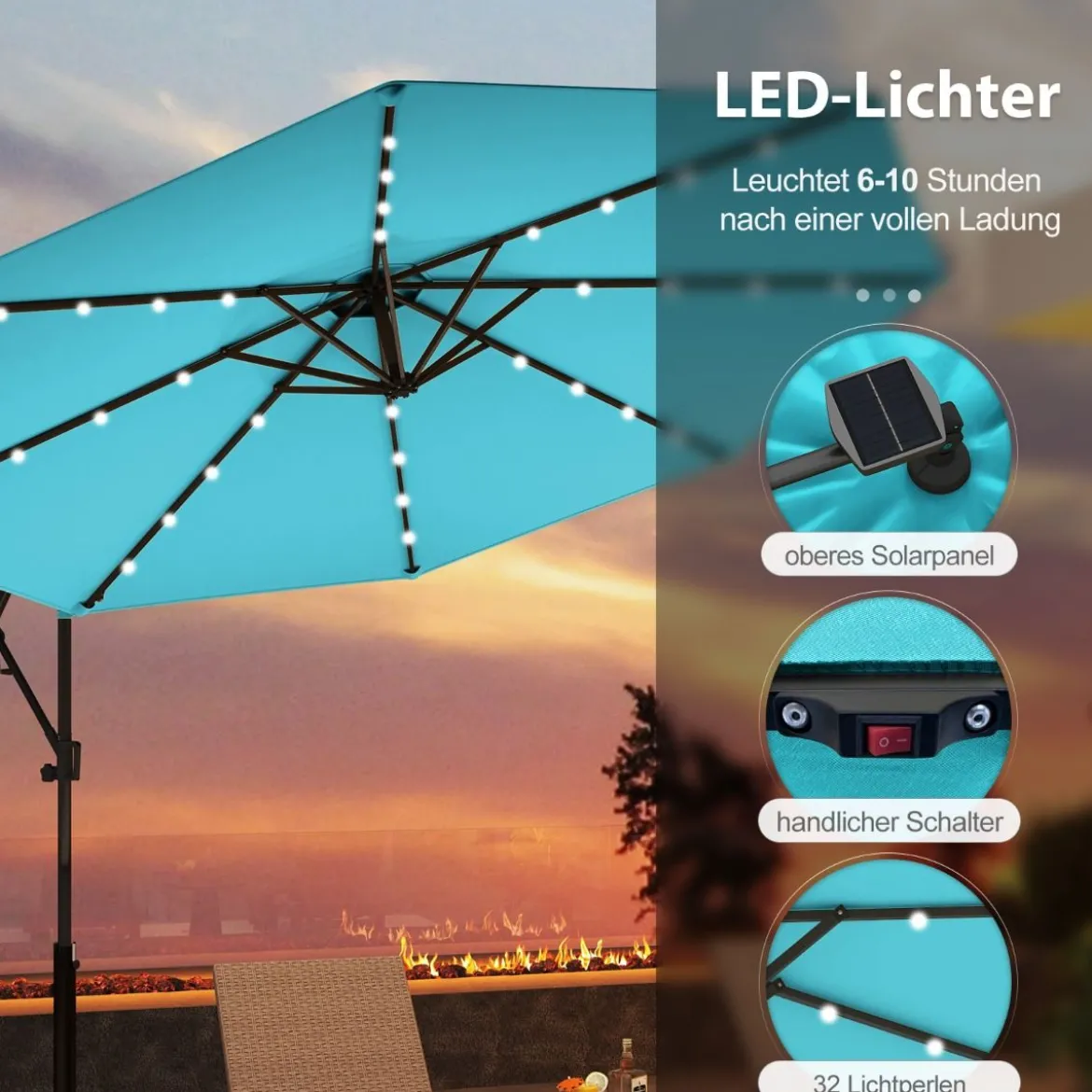 300 cm Sonnenschirm mit 32 Solar-LED-Leuchten & Kurbel Gartenschirm Marktschirm