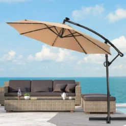 300 cm Sonnenschirm mit 32 Solar-LED-Leuchten & Kurbel Gartenschirm Marktschirm