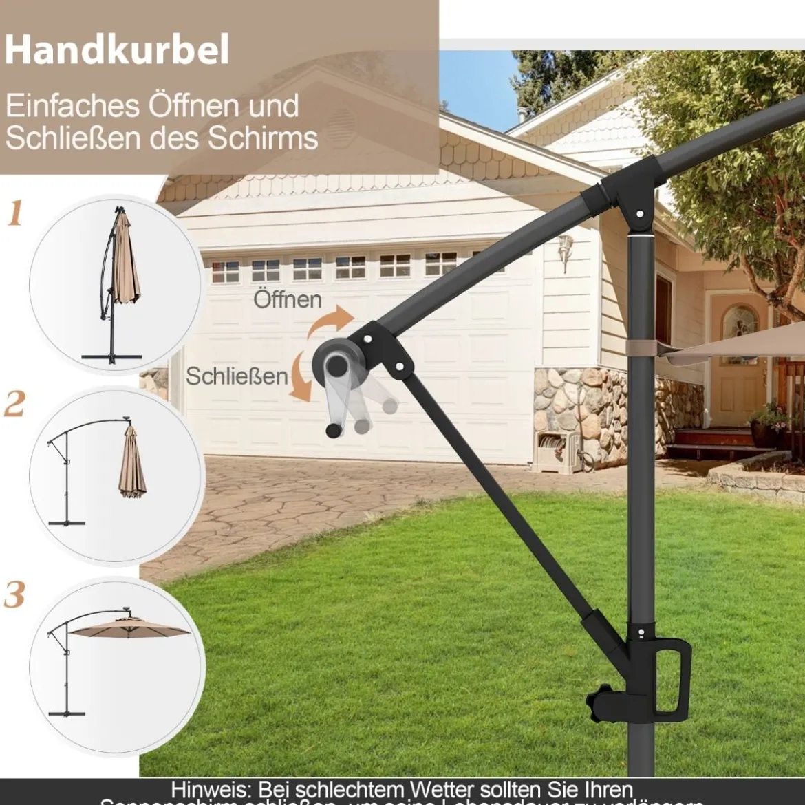 300 cm Sonnenschirm mit 32 Solar-LED-Leuchten & Kurbel Gartenschirm Marktschirm