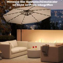 300 cm Sonnenschirm mit 32 Solar-LED-Leuchten & Kurbel Gartenschirm Marktschirm