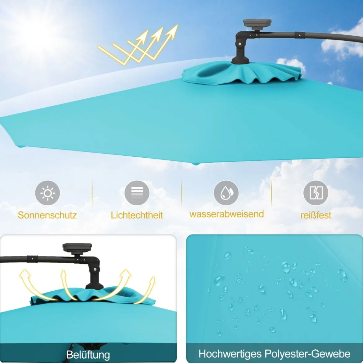 300 cm Sonnenschirm mit 32 Solar-LED-Leuchten & Kurbel Gartenschirm Marktschirm