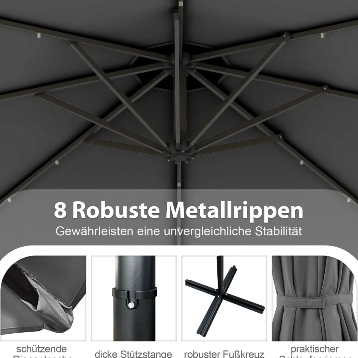 300 cm Sonnenschirm mit 32 Solar-LED-Leuchten & Kurbel Gartenschirm Marktschirm