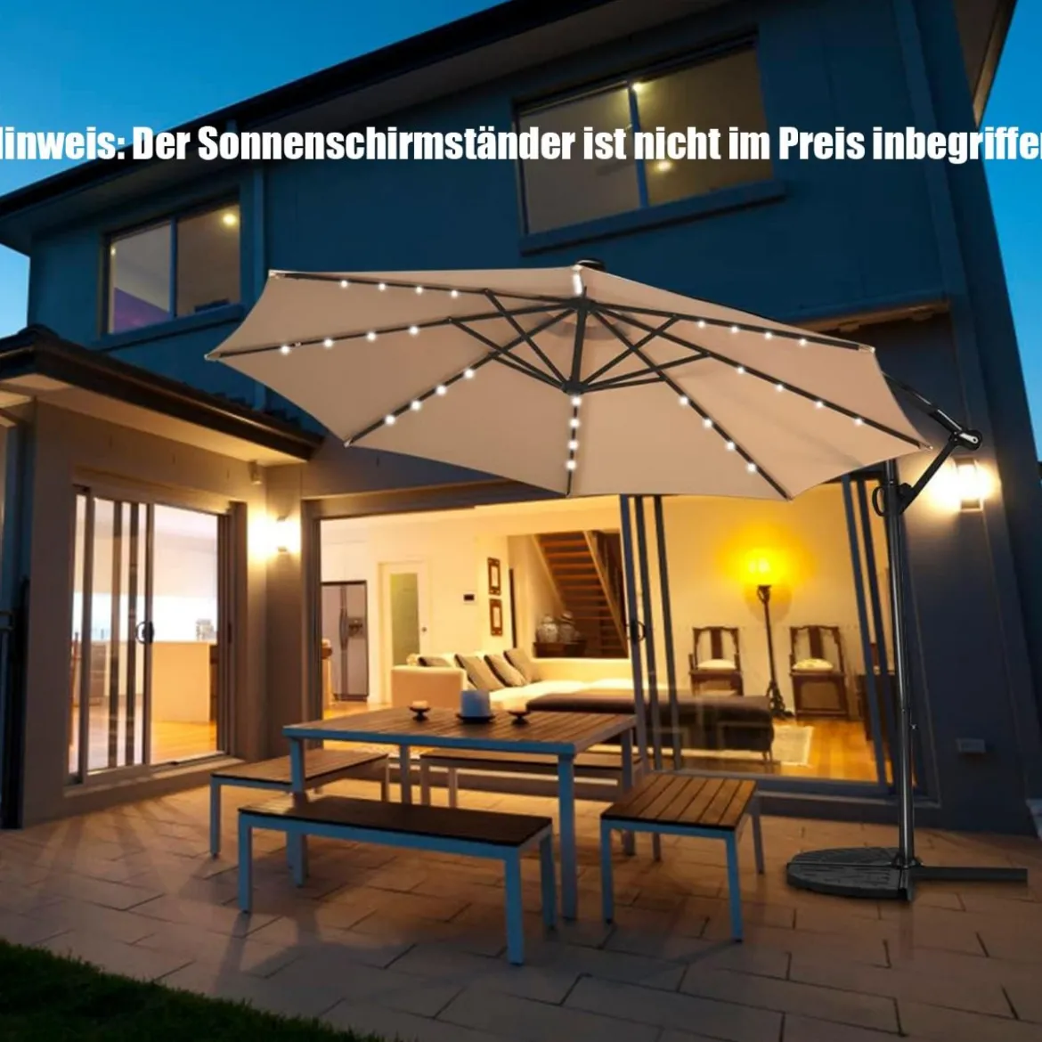 300 cm Sonnenschirm mit 32 Solar-LED-Leuchten & Kurbel Gartenschirm Marktschirm