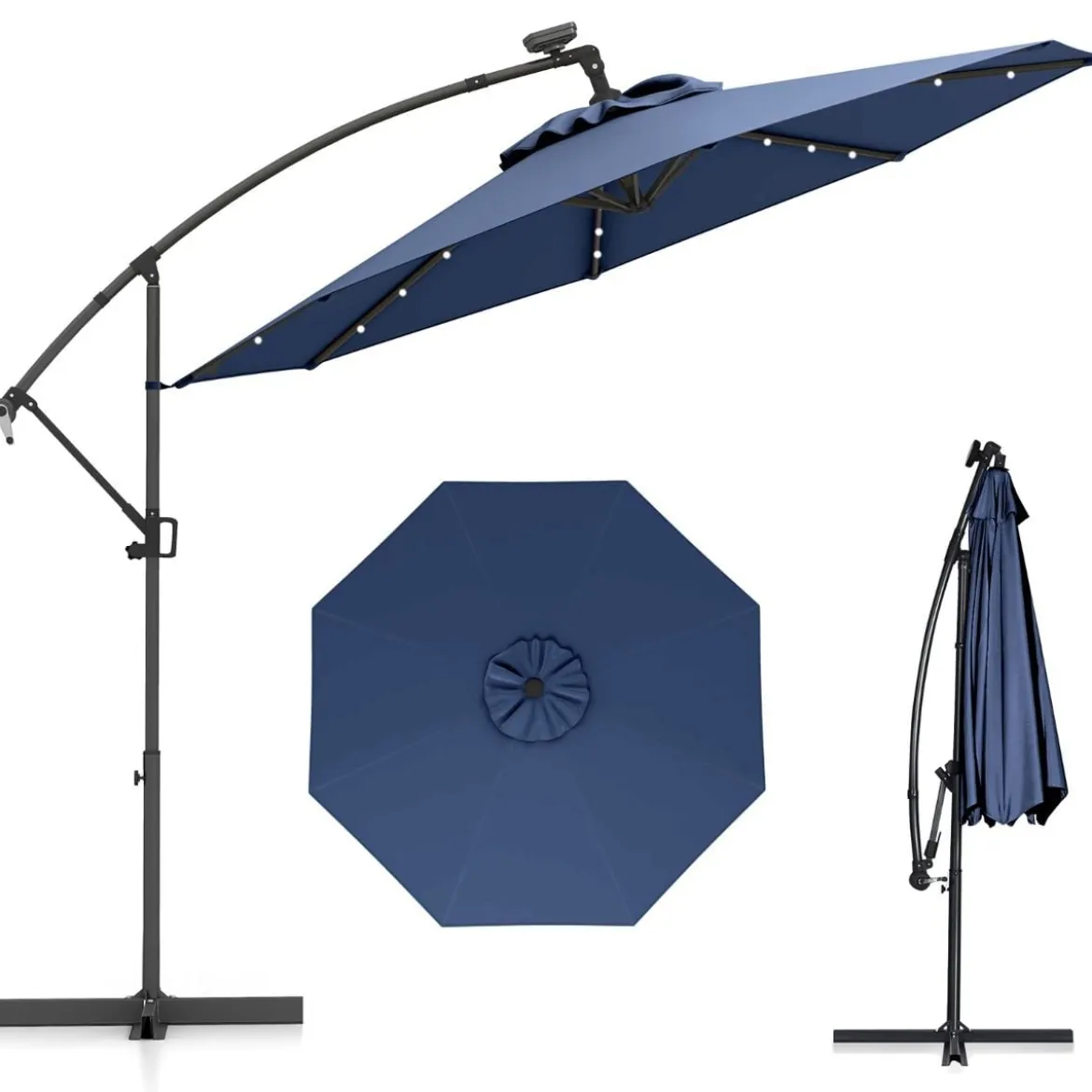 300 cm Sonnenschirm mit 32 Solar-LED-Leuchten & Kurbel Gartenschirm Marktschirm
