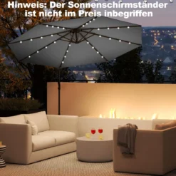 300 cm Sonnenschirm mit 32 Solar-LED-Leuchten & Kurbel Gartenschirm Marktschirm