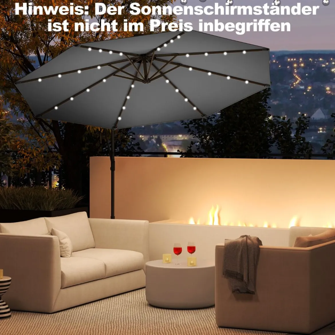 300 cm Sonnenschirm mit 32 Solar-LED-Leuchten & Kurbel Gartenschirm Marktschirm