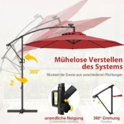 300 cm Sonnenschirm mit 32 Solar-LED-Leuchten & Kurbel Gartenschirm Marktschirm