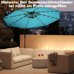 300 cm Sonnenschirm mit 32 Solar-LED-Leuchten & Kurbel Gartenschirm Marktschirm