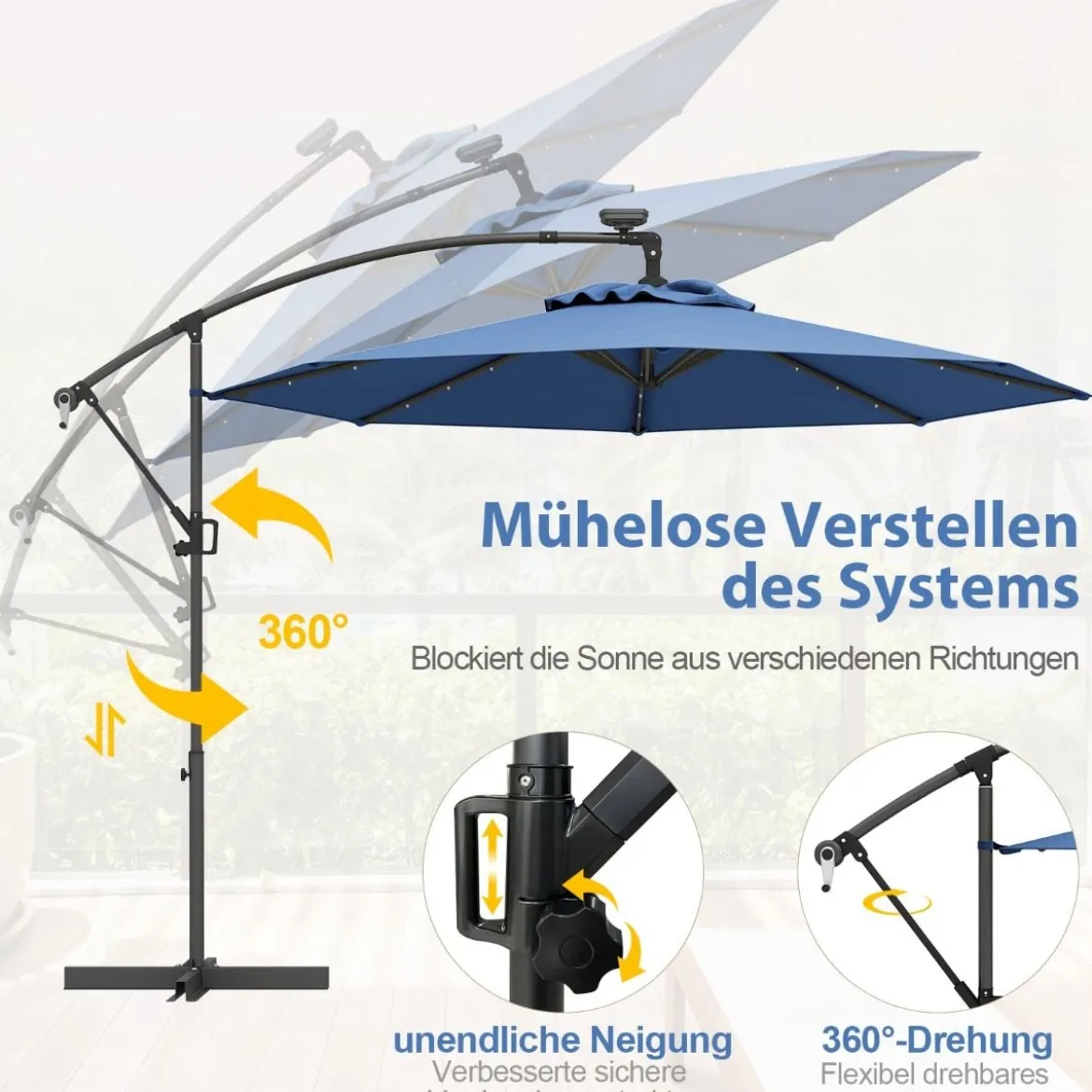 300 cm Sonnenschirm mit 32 Solar-LED-Leuchten & Kurbel Gartenschirm Marktschirm