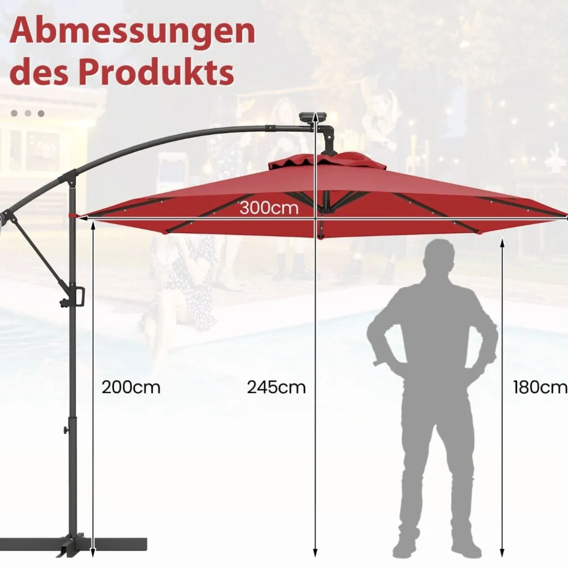 300 cm Sonnenschirm mit 32 Solar-LED-Leuchten & Kurbel Gartenschirm Marktschirm