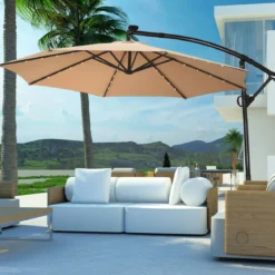300 cm Sonnenschirm mit 32 Solar-LED-Leuchten & Kurbel Gartenschirm Marktschirm