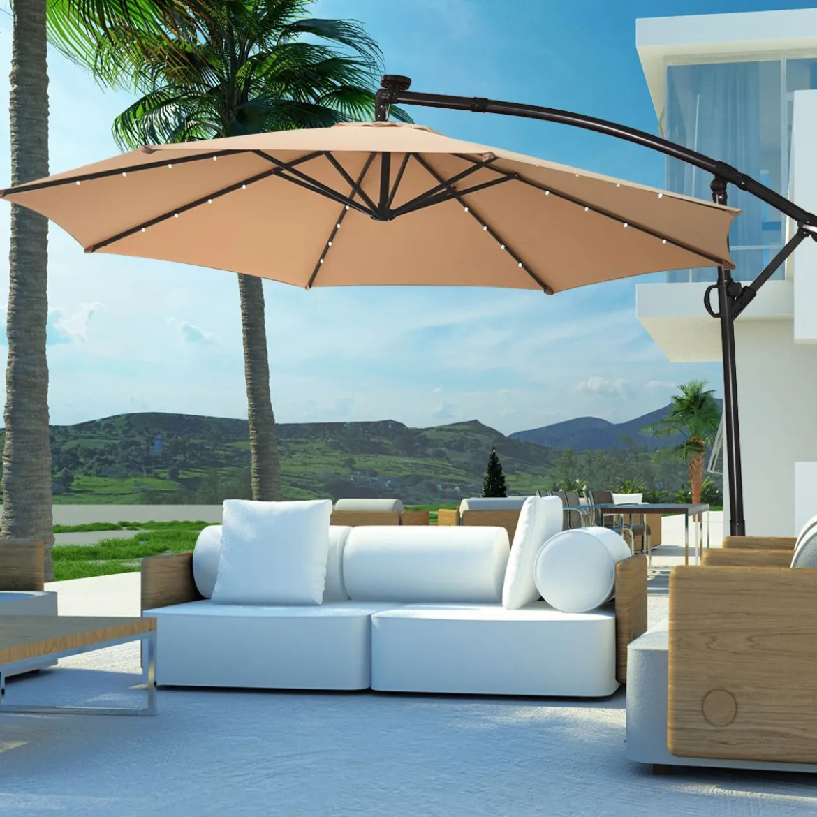 300 cm Sonnenschirm mit 32 Solar-LED-Leuchten & Kurbel Gartenschirm Marktschirm