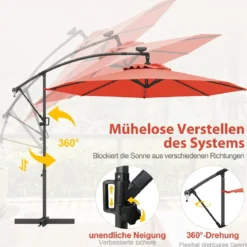 300 cm Sonnenschirm mit 32 Solar-LED-Leuchten & Kurbel Gartenschirm Marktschirm