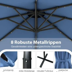 300 cm Sonnenschirm mit 32 Solar-LED-Leuchten & Kurbel Gartenschirm Marktschirm