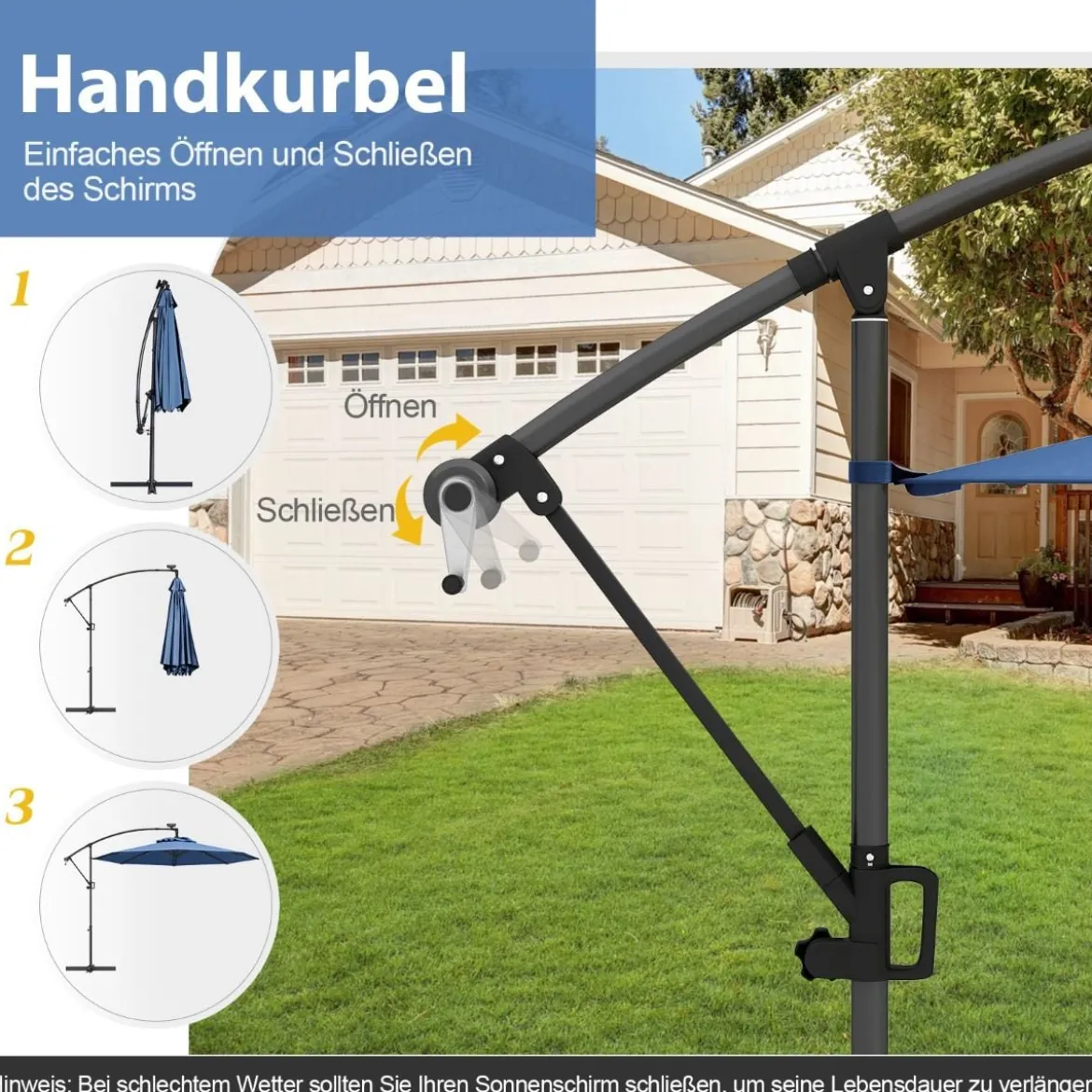 300 cm Sonnenschirm mit 32 Solar-LED-Leuchten & Kurbel Gartenschirm Marktschirm