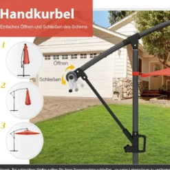 300 cm Sonnenschirm mit 32 Solar-LED-Leuchten & Kurbel Gartenschirm Marktschirm