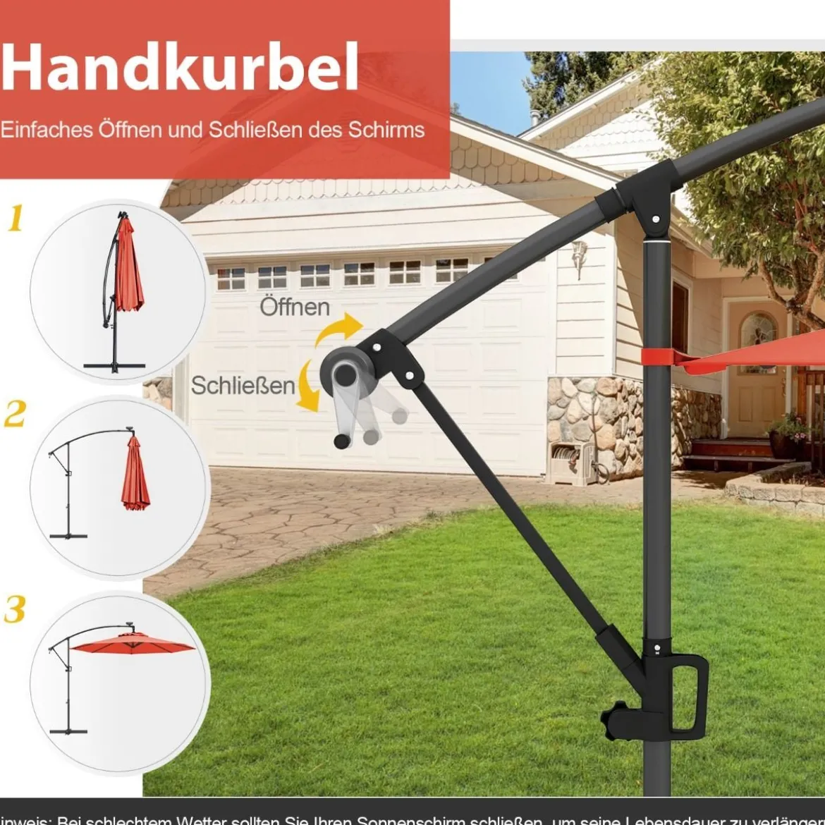 300 cm Sonnenschirm mit 32 Solar-LED-Leuchten & Kurbel Gartenschirm Marktschirm