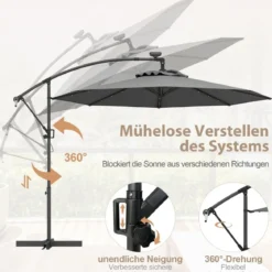 300 cm Sonnenschirm mit 32 Solar-LED-Leuchten & Kurbel Gartenschirm Marktschirm