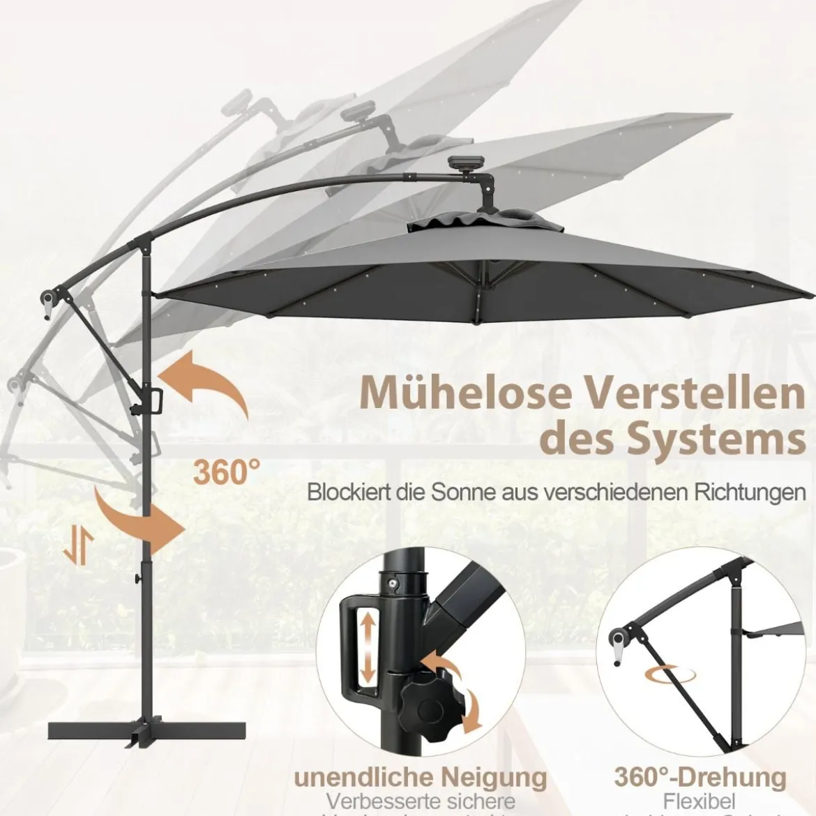 300 cm Sonnenschirm mit 32 Solar-LED-Leuchten & Kurbel Gartenschirm Marktschirm