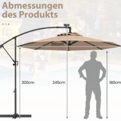 300 cm Sonnenschirm mit 32 Solar-LED-Leuchten & Kurbel Gartenschirm Marktschirm