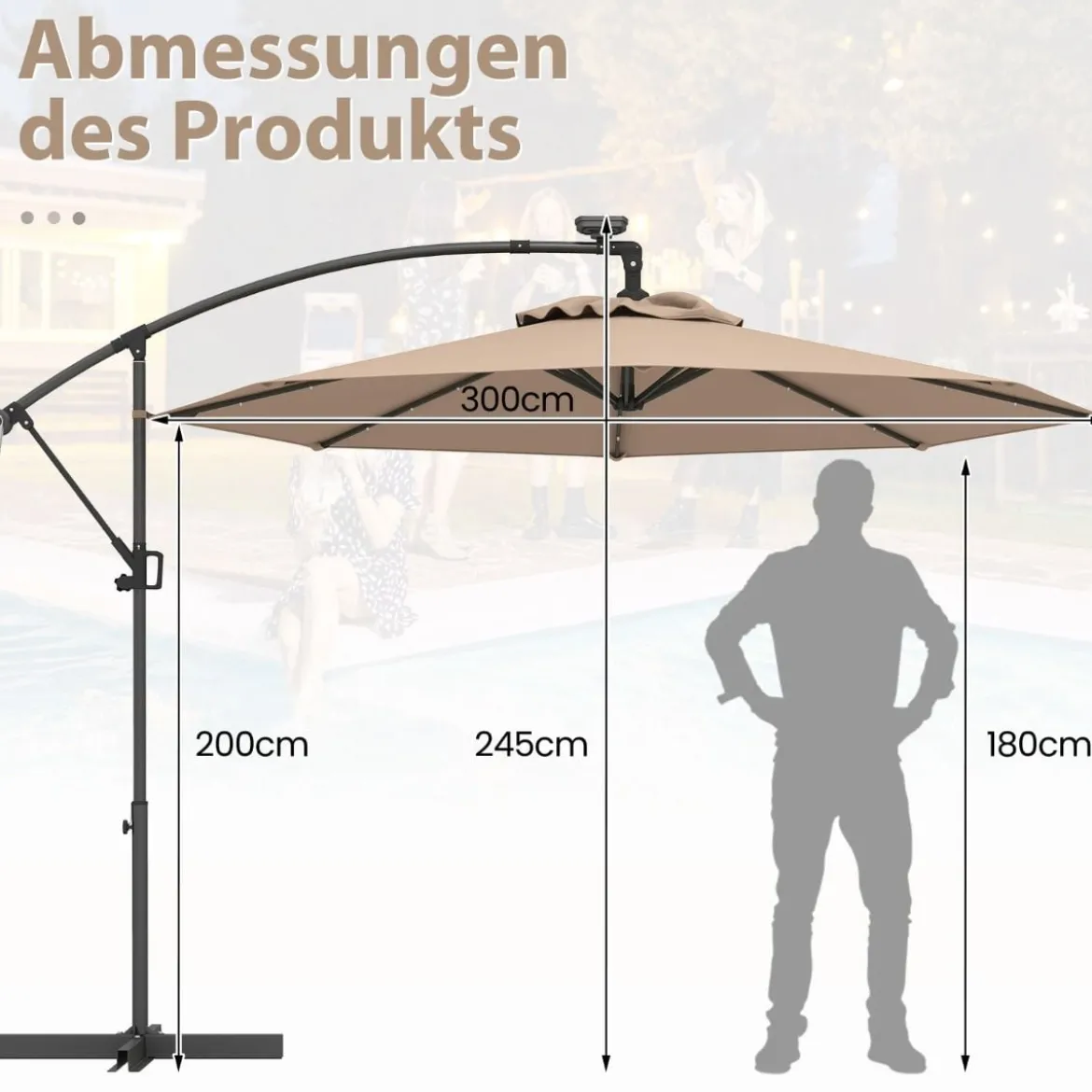 300 cm Sonnenschirm mit 32 Solar-LED-Leuchten & Kurbel Gartenschirm Marktschirm