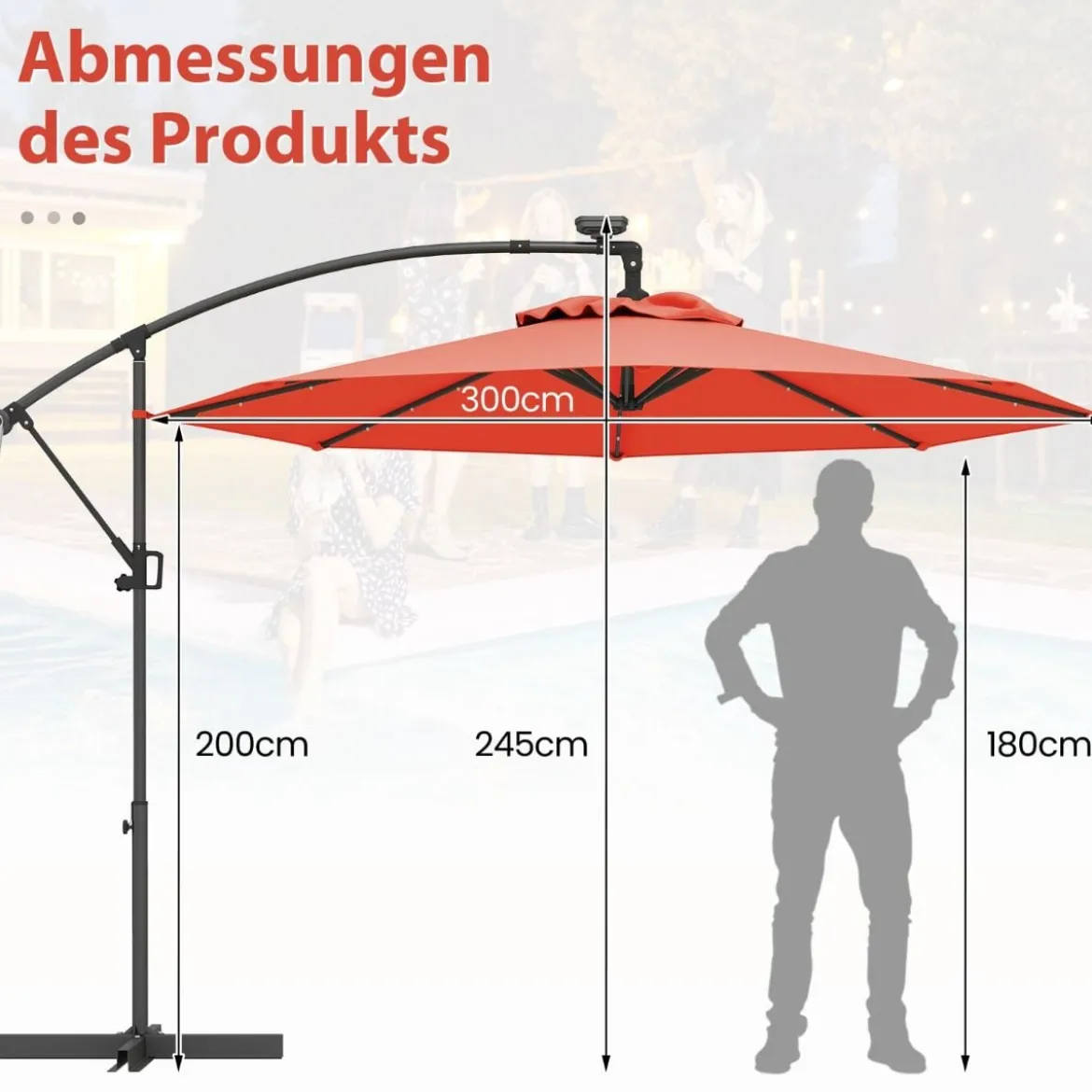 300 cm Sonnenschirm mit 32 Solar-LED-Leuchten & Kurbel Gartenschirm Marktschirm