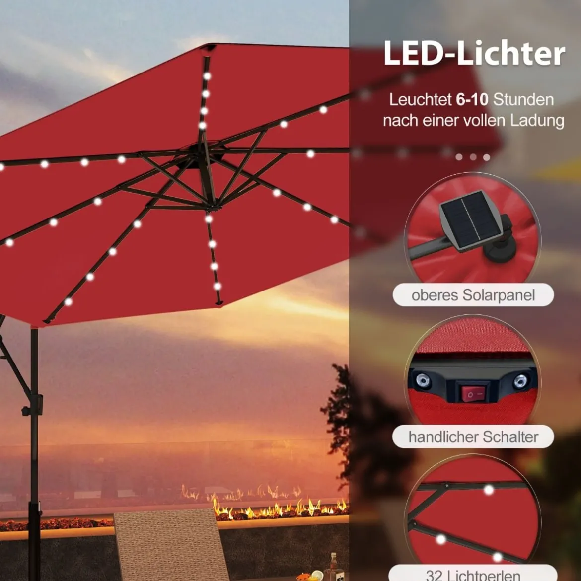 300 cm Sonnenschirm mit 32 Solar-LED-Leuchten & Kurbel Gartenschirm Marktschirm